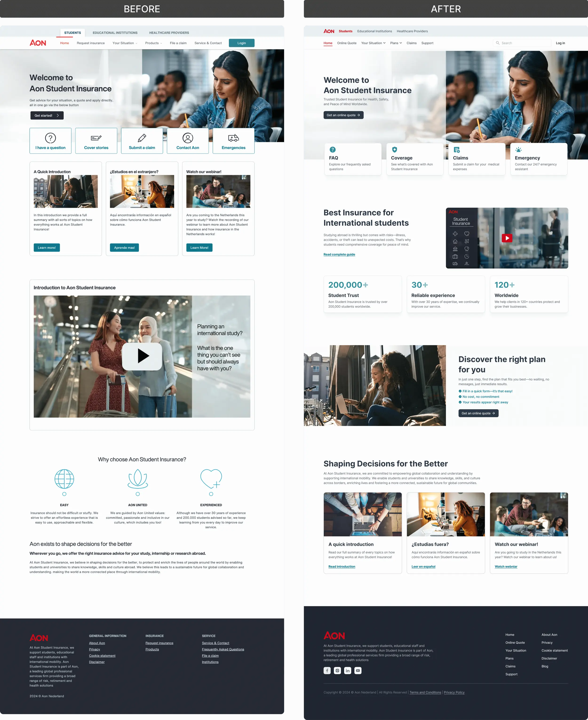Early redesign of the Aon Student Insurance home page