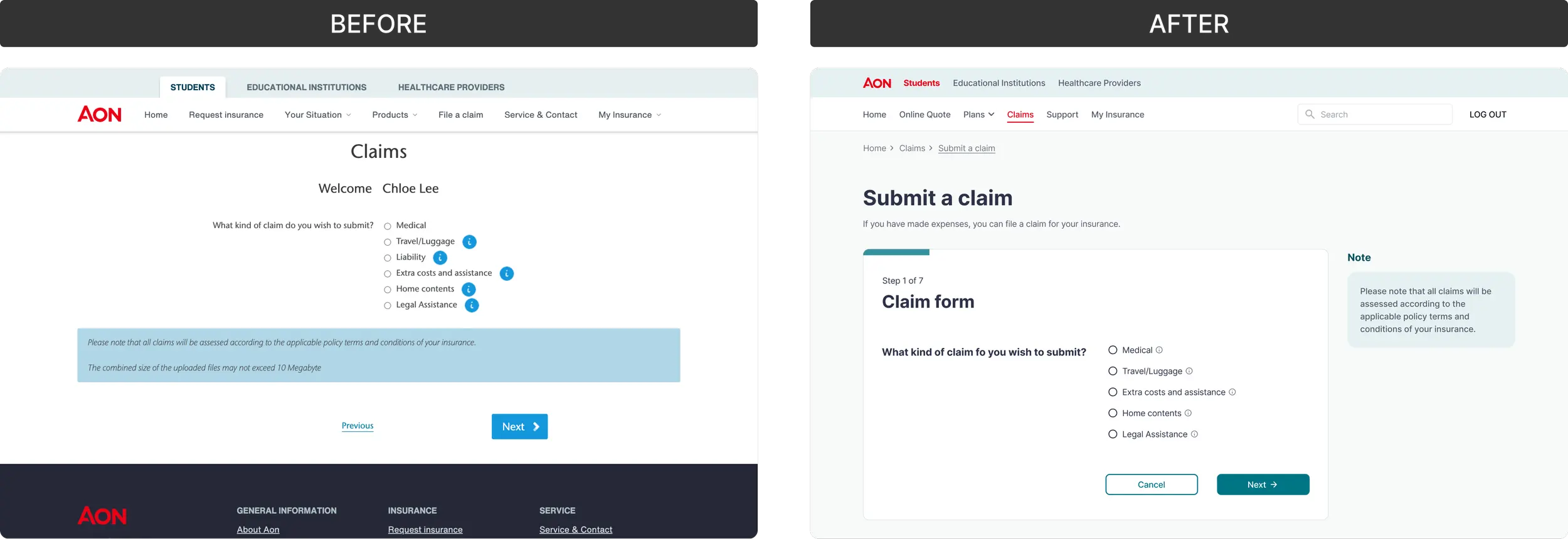 Early redesign of the submit a claim flow