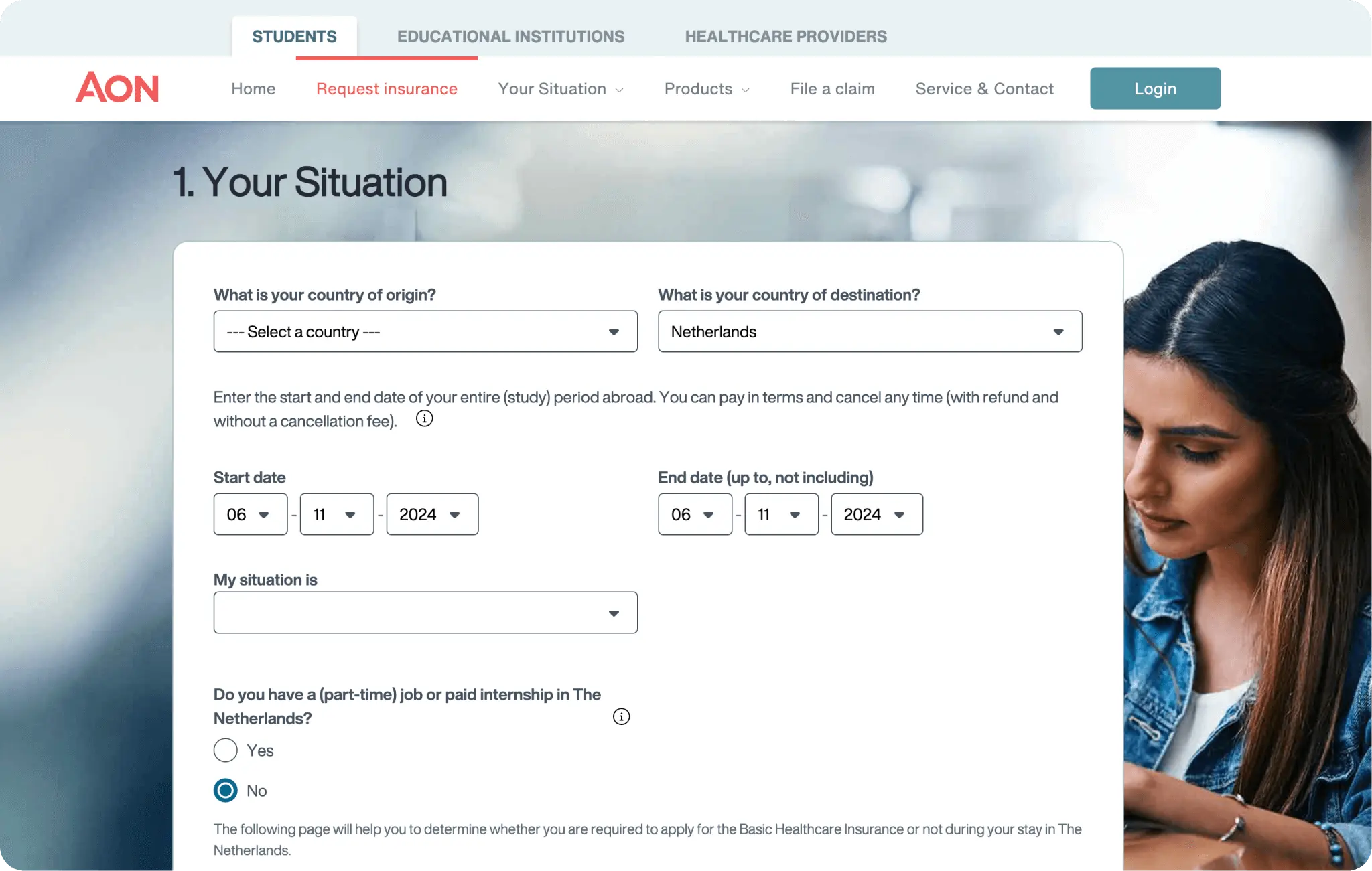 Current Aon Request Insurance page hiding the Get a Quote feature