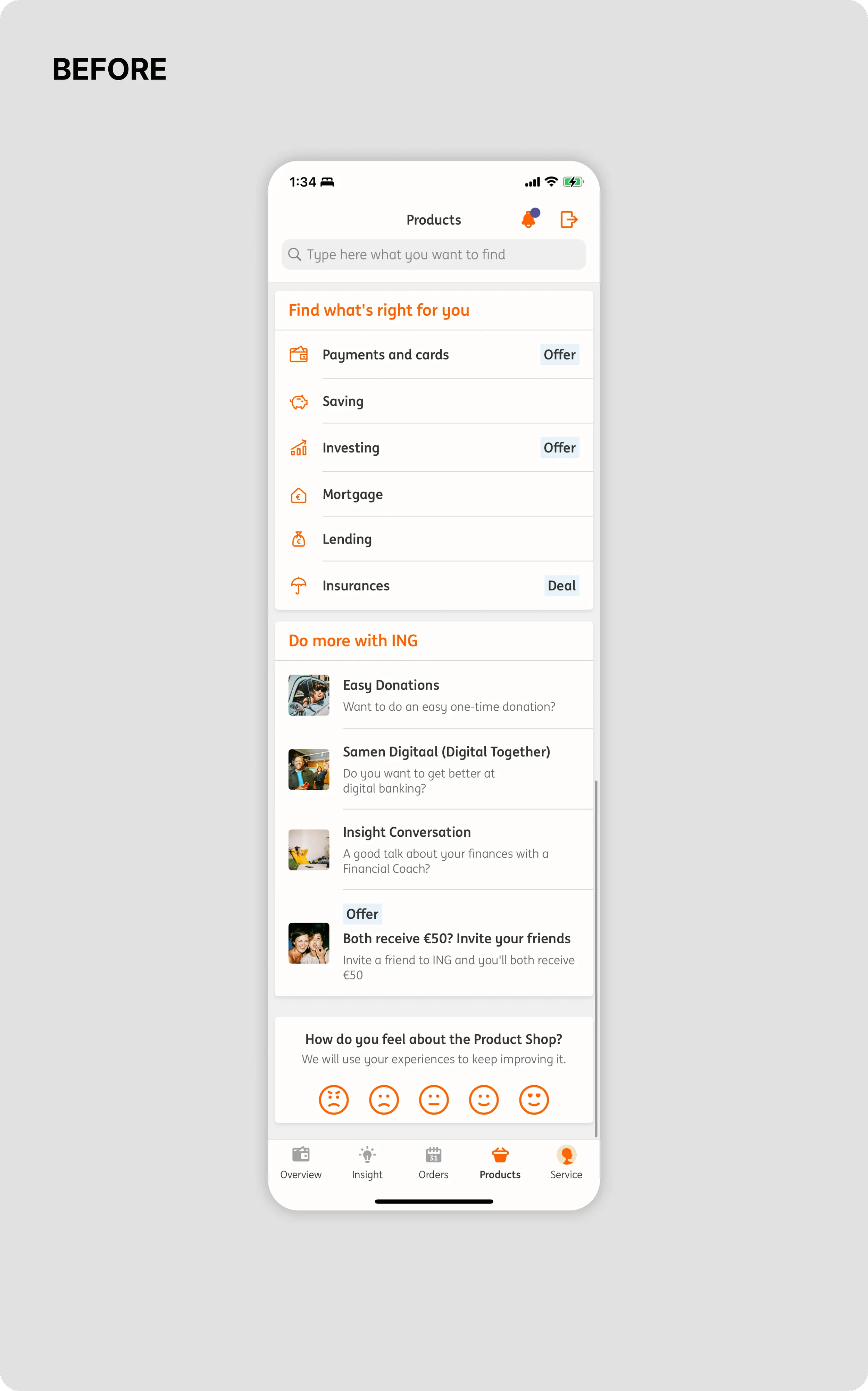 ING Products before redesign