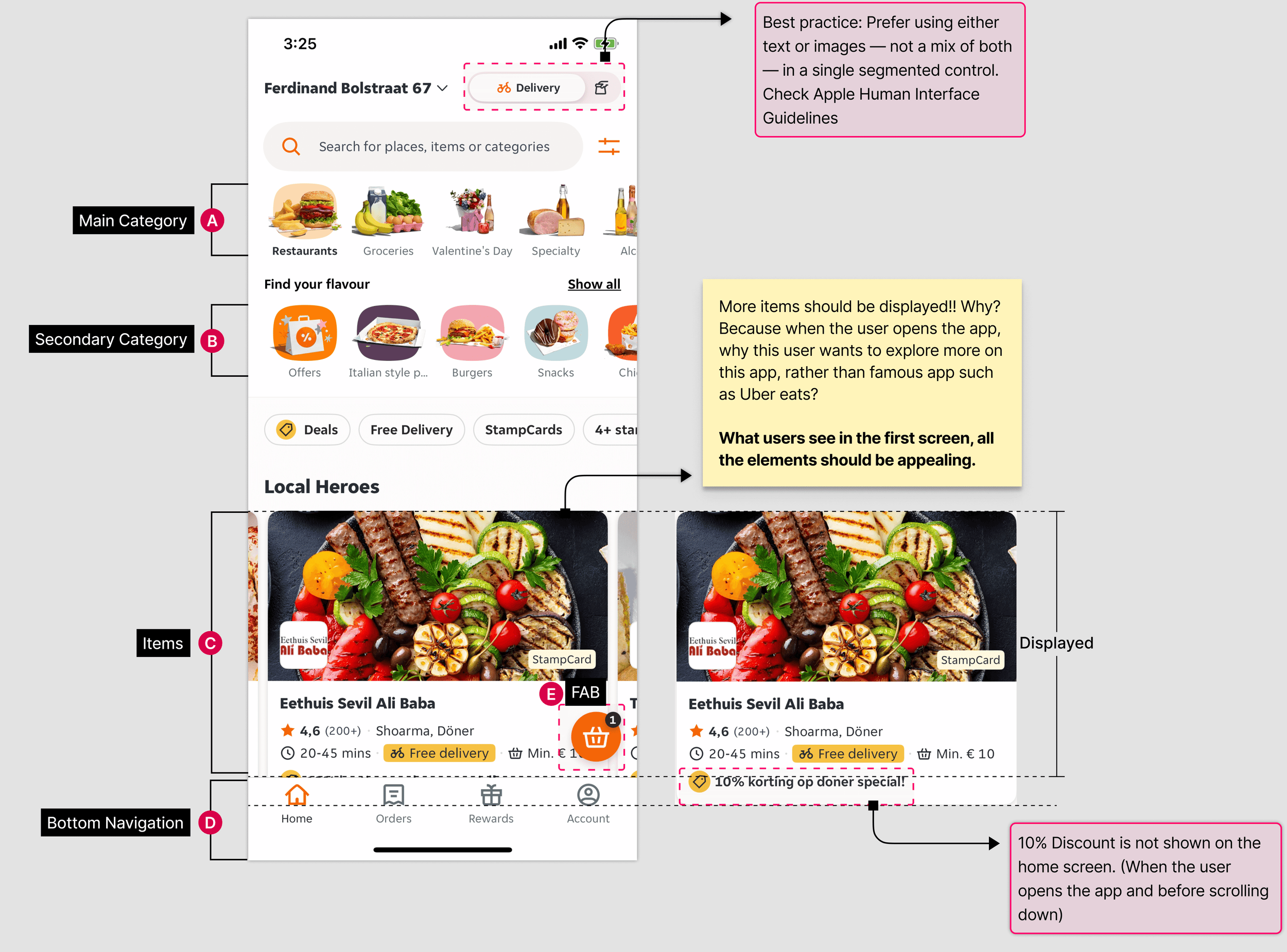 Annotated overview of the current Just Eat Takeaway home screen