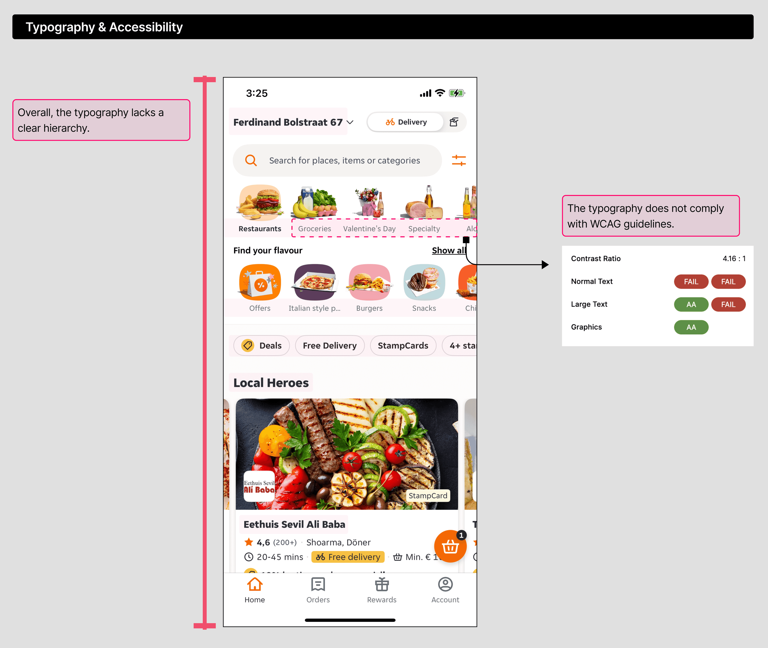 Typography and accessibility analysis of the Just Eat Takeaway home screen