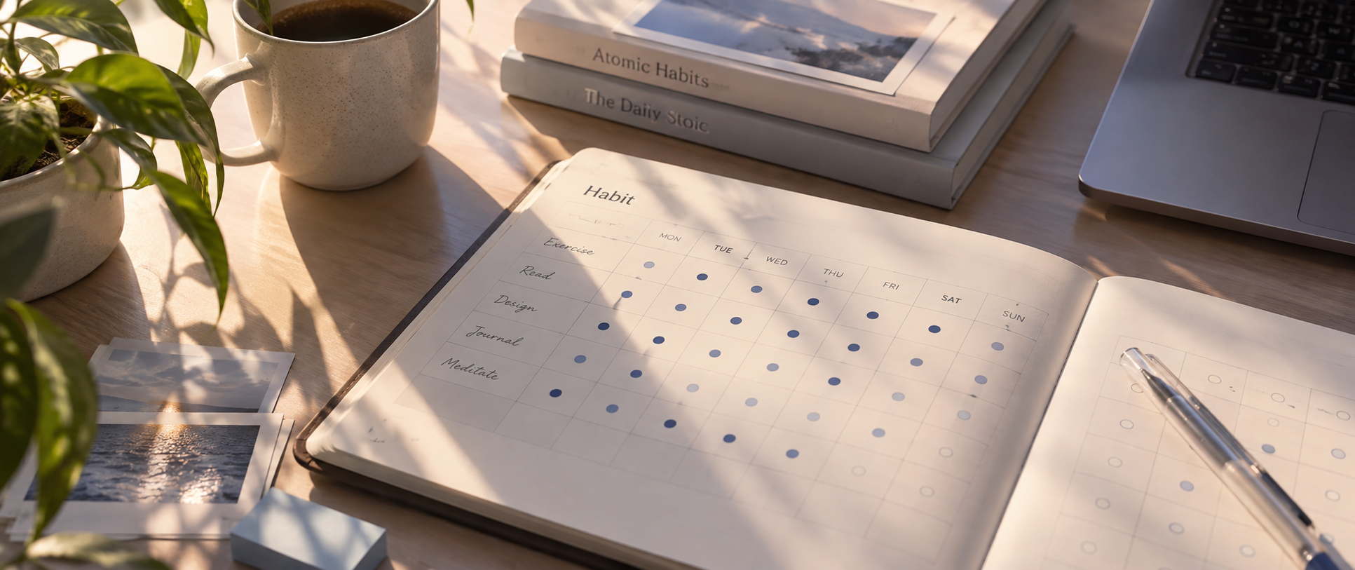 An open habit tracker beside a cup of coffee and a stack of books