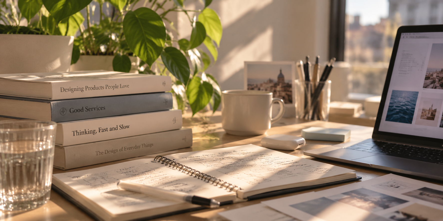Design books, a notebook, and a laptop on a sunlit desk